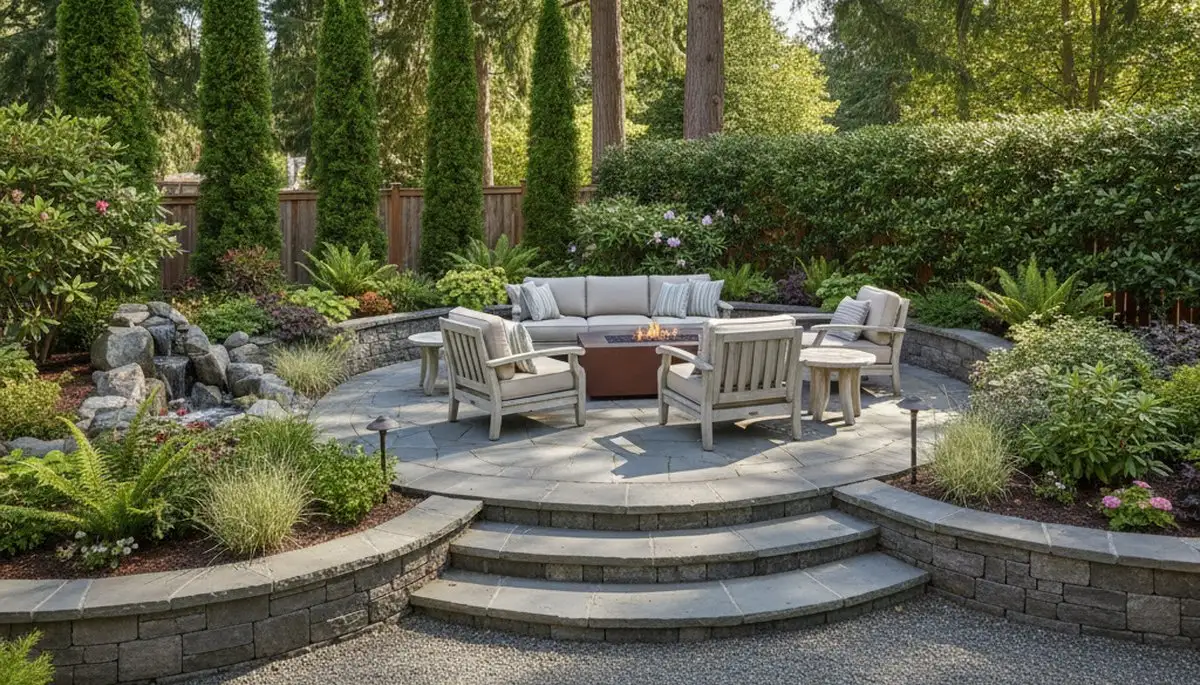 Backyard patio landscaping with lighting and plantings by Chop Chop Landscaping in Tacoma, WA