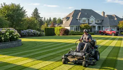 Commercial mower creating precise striped lawn patterns during professional mowing in Tacoma, WA