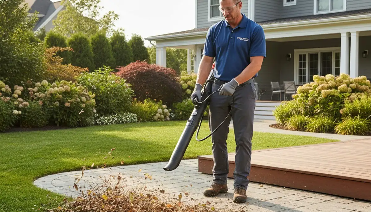 Landscaper using leaf blower for debris cleanup on residential lawn in Tacoma, WA