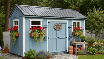 Decorative garden shed installation with landscape design by Chop Chop Landscaping in Tacoma, WA