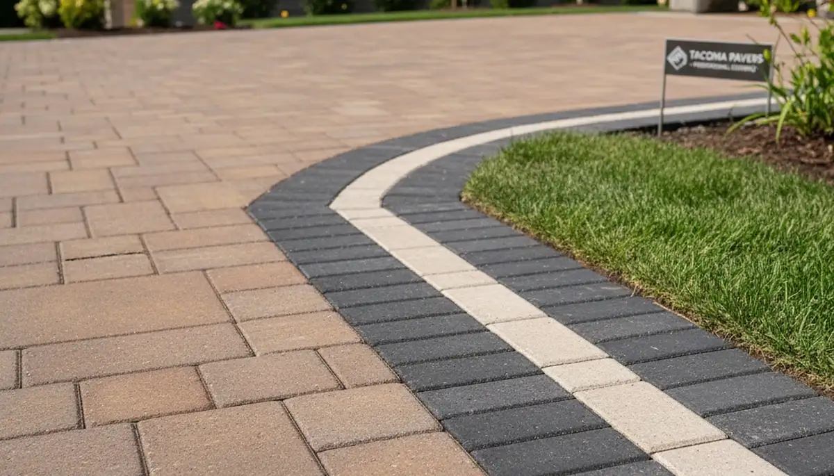 Decorative driveway paver border with soldier course edging by Chop Chop Landscaping in Tacoma, WA