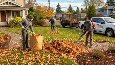 Technicians performing fall leaf removal and yard clean up on a residential lawn in Tacoma, WA