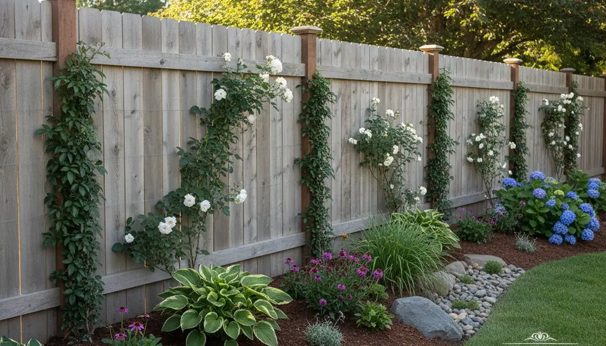 Wood fence with climbing plants and lush garden beds by Chop Chop Landscaping in Tacoma, WA