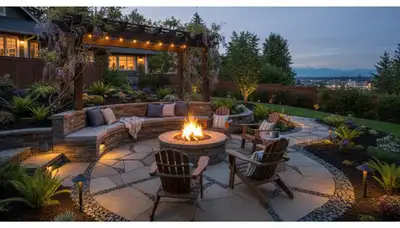 Tacoma WA fire pit patio with circular seating, paver hardscaping, and landscape lighting design
