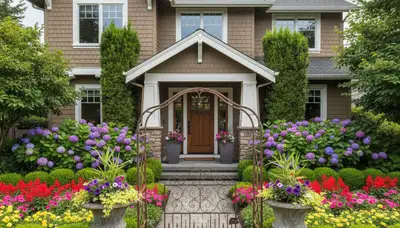 Professional front yard landscaping with colorful plants and shrubs in Tacoma, WA
