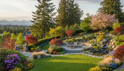 Full property landscape design with lawn, hardscape, and plantings in Tacoma, WA