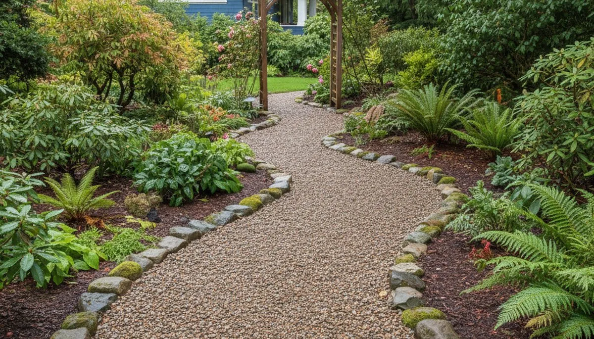 Pea gravel garden path in Tacoma WA showing professional landscaping and natural drainage design