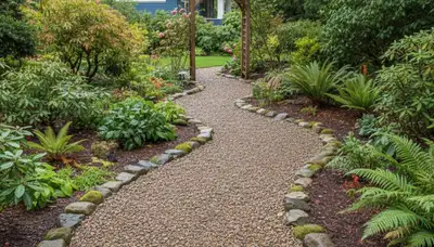 Pea gravel garden path in Tacoma WA showing professional landscaping and natural drainage design