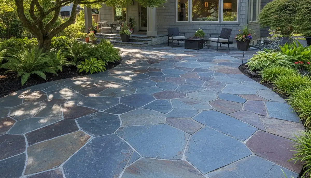 Large format stone slab patio installation by professional landscapers in Tacoma, WA