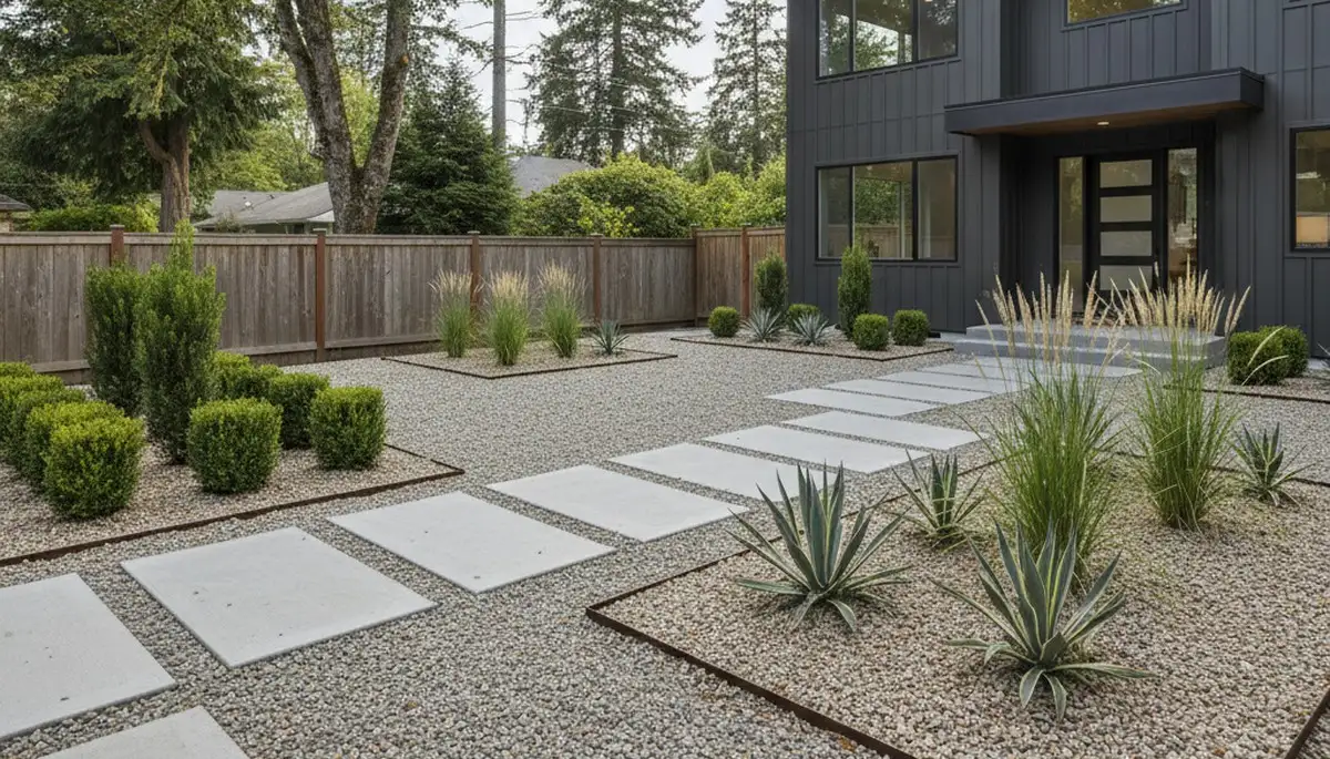 Modern minimalist pea gravel landscape design in Tacoma, WA by Chop Chop Landscaping
