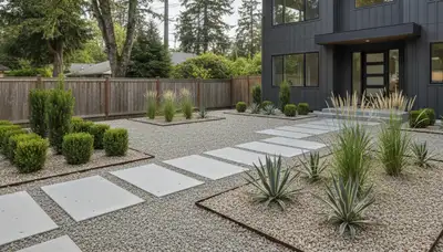 Modern minimalist pea gravel landscape design in Tacoma, WA by Chop Chop Landscaping