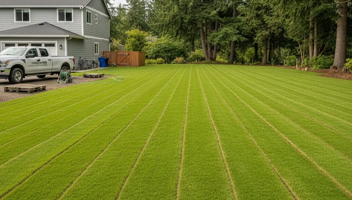 Freshly installed green sod lawn on Tacoma, WA property by professional landscaping experts