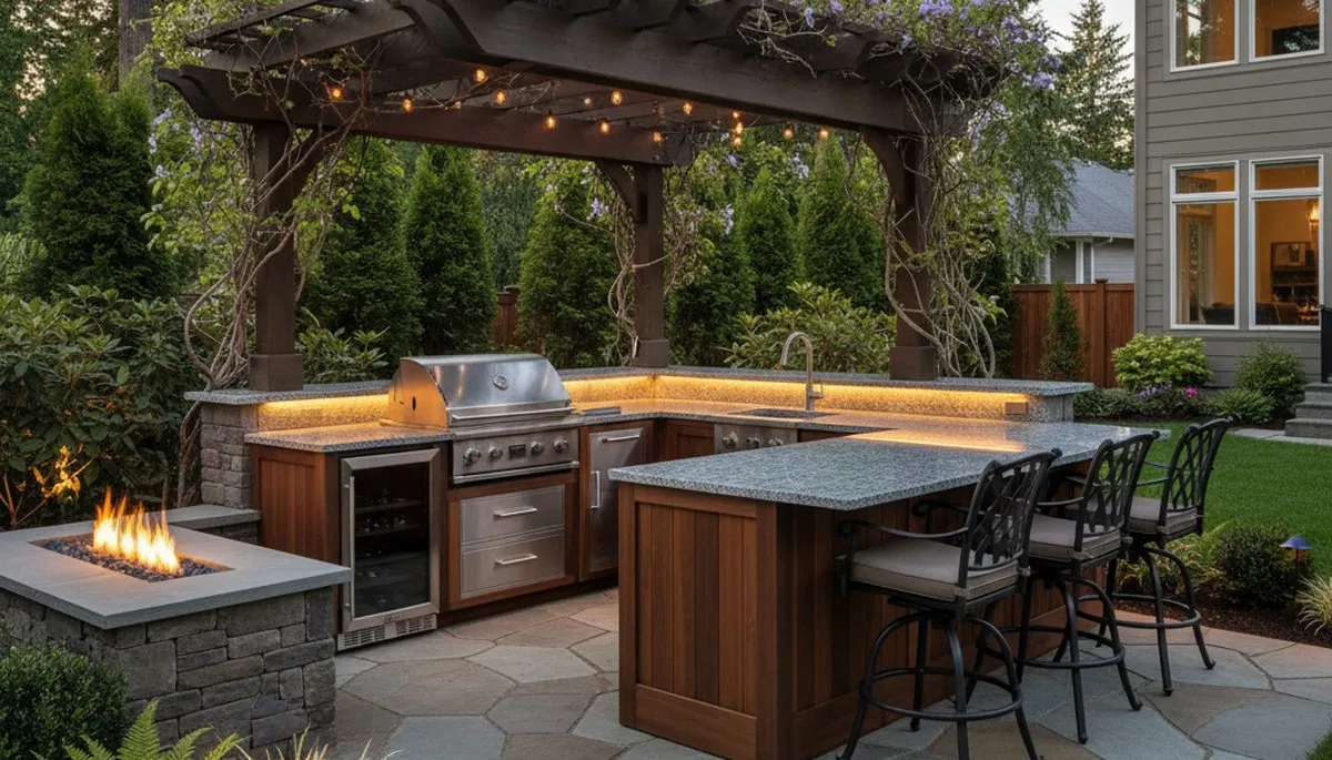 Luxury outdoor kitchen with pergola and granite countertops by Tacoma, WA landscaping experts
