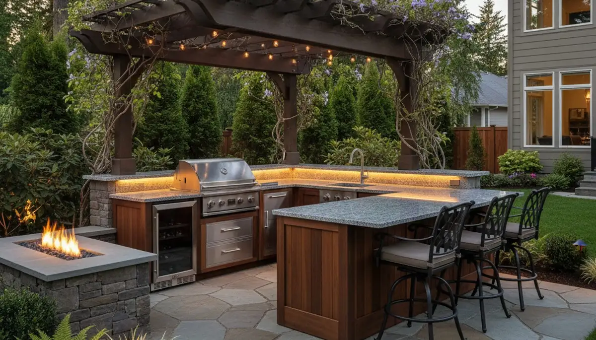 Luxury outdoor kitchen with pergola and granite countertops by Tacoma, WA landscaping experts