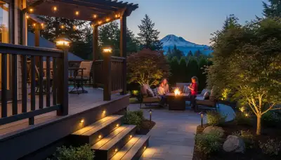 Evening patio and deck lighting by Chop Chop Landscaping in Tacoma, WA enhancing outdoor safety and ambiance