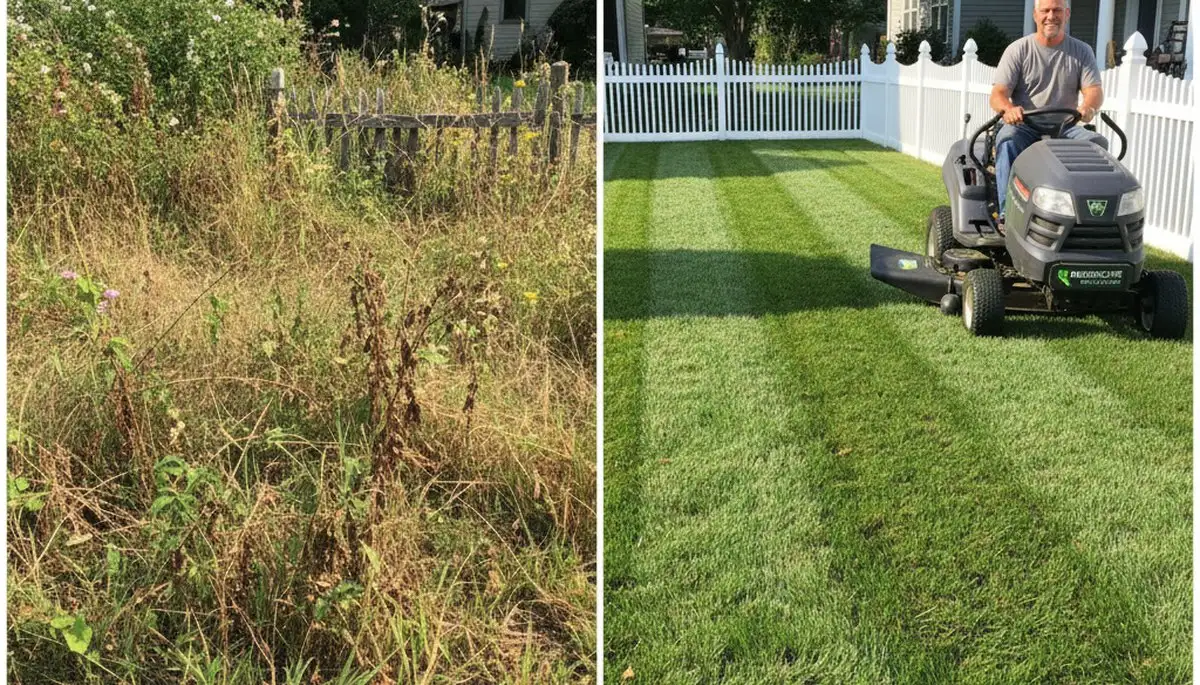 Overgrown lawn to freshly mowed yard transformation by Chop Chop Landscaping in Tacoma, WA