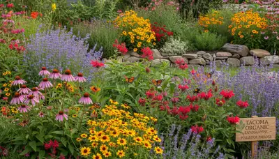 Pollinator-friendly native garden with bees and flowers in organic landscaping, Tacoma WA