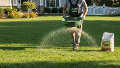 Lawn care technician spreading fertilizer on residential yard in Tacoma, WA for Chop Chop Landscaping
