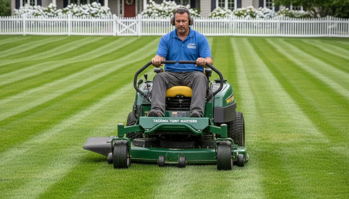 Striped lawn with clean edging by professional mowing service in Tacoma, WA
