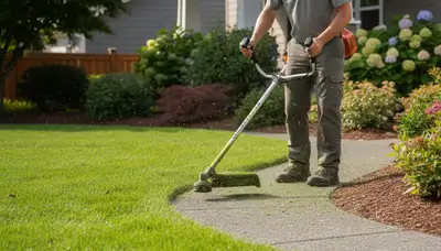 Landscaper edging lawn borders with string trimmer in Tacoma, WA for professional lawn maintenance