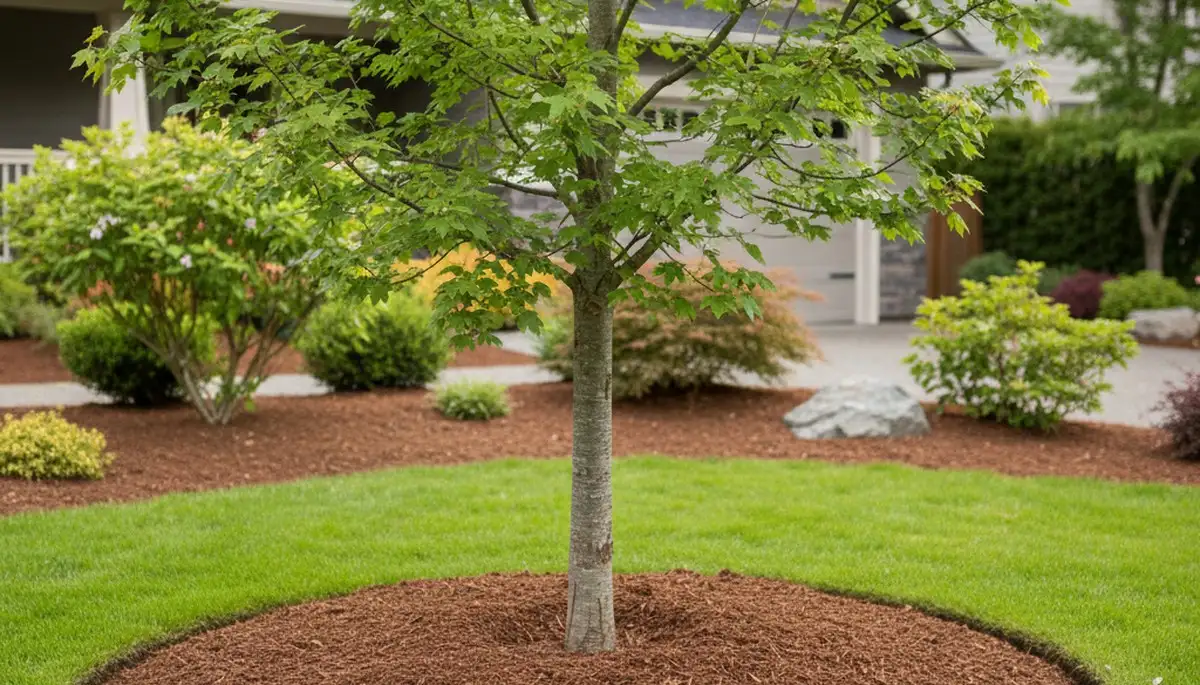 Professional circular tree mulch ring installation by Chop Chop Landscaping in Tacoma, WA