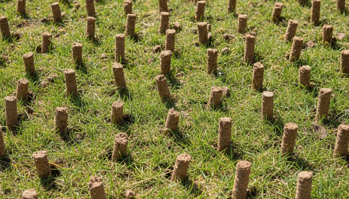 Close-up of soil core plugs after professional lawn aeration by Chop Chop Landscaping in Tacoma, WA