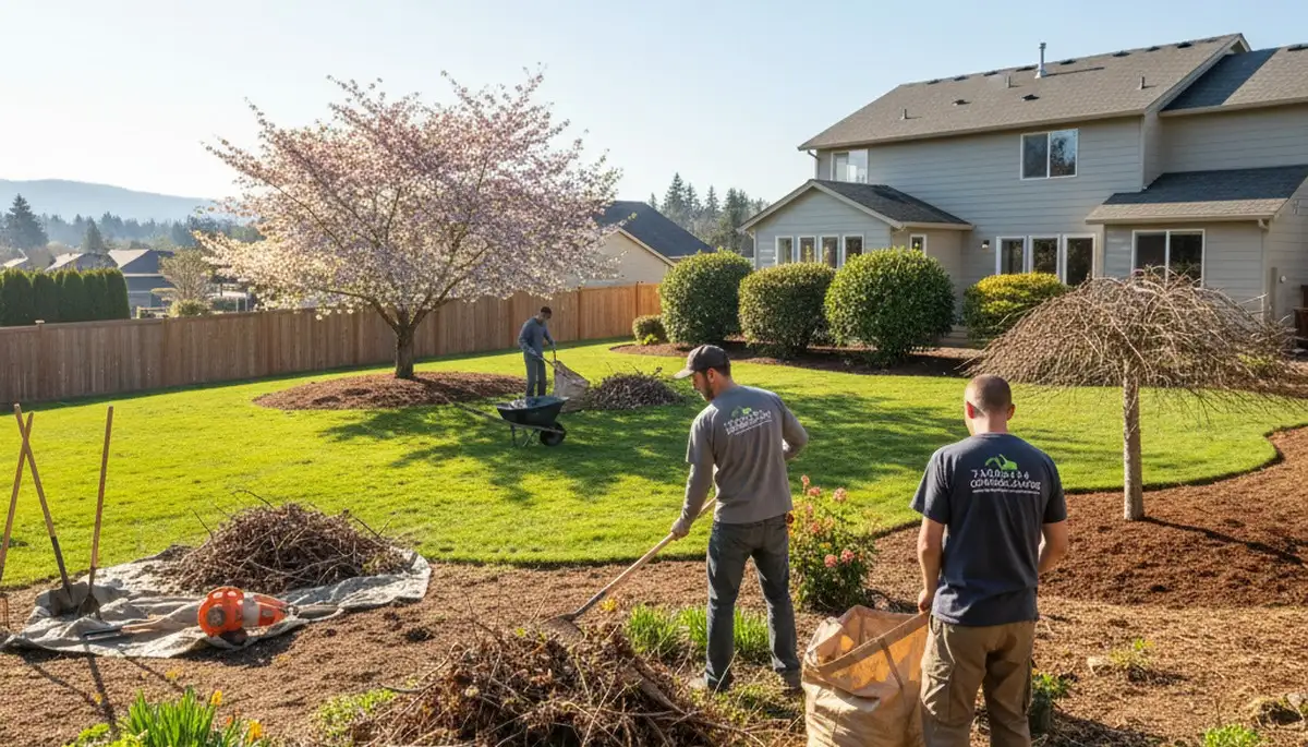 Professional landscapers doing spring yard clean up and pruning at a Tacoma WA residential property