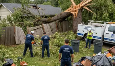 Landscaping crew clearing storm debris and fallen branches from a residential yard in Tacoma, WA
