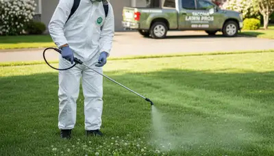 Lawn care expert applying targeted weed control spray in Tacoma, WA for healthy, weed-free grass