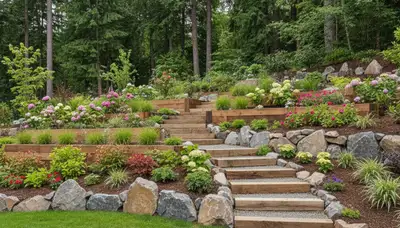 Terraced garden with timber steps and native plants by Tacoma, WA landscaping professionals